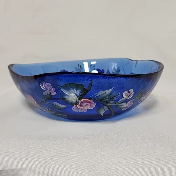 HANDPAINTED Cobalt Blue Bowl Floral Serving Dish Large Butterfly Roses Dimpled - Picture 13 of 14